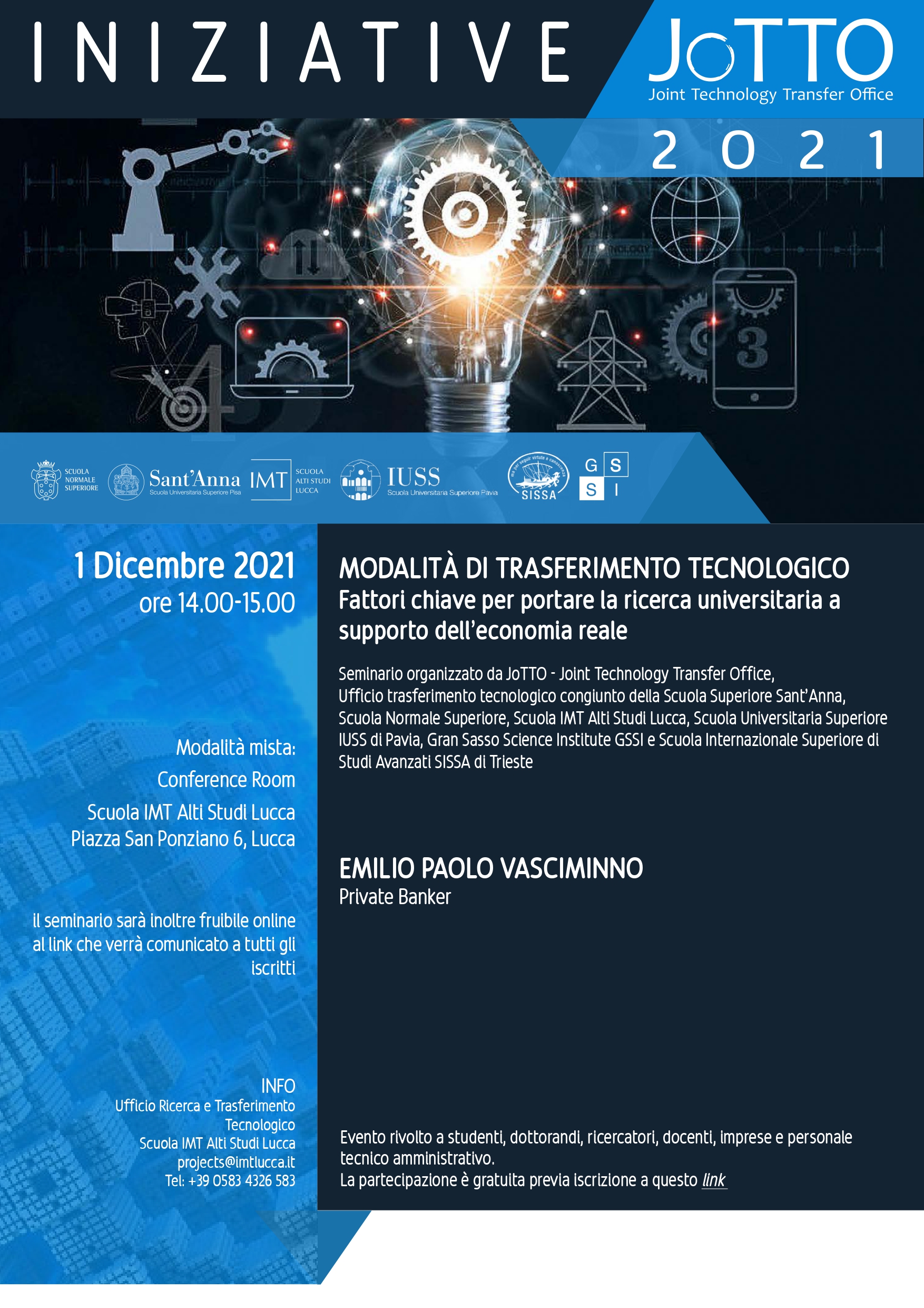 1 Dicembre, seminario organizzato da JoTTO: Modalità di trasferimento tecnologico: fattori chiave per portare la ricerca universitaria a supporto dell’economia reale